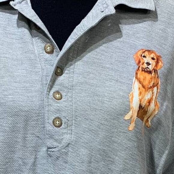 Hand Printed Upcycled Mens Medium Golden Retriever Puppy Dog Collared Polo Shirt - Picture 2 of 3
